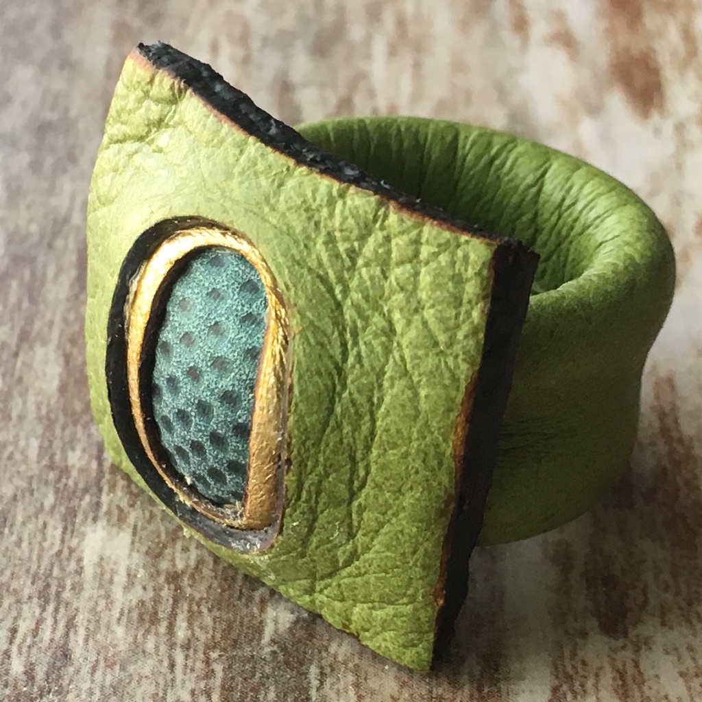 Green, Gold And Green Patterned Leather Ring